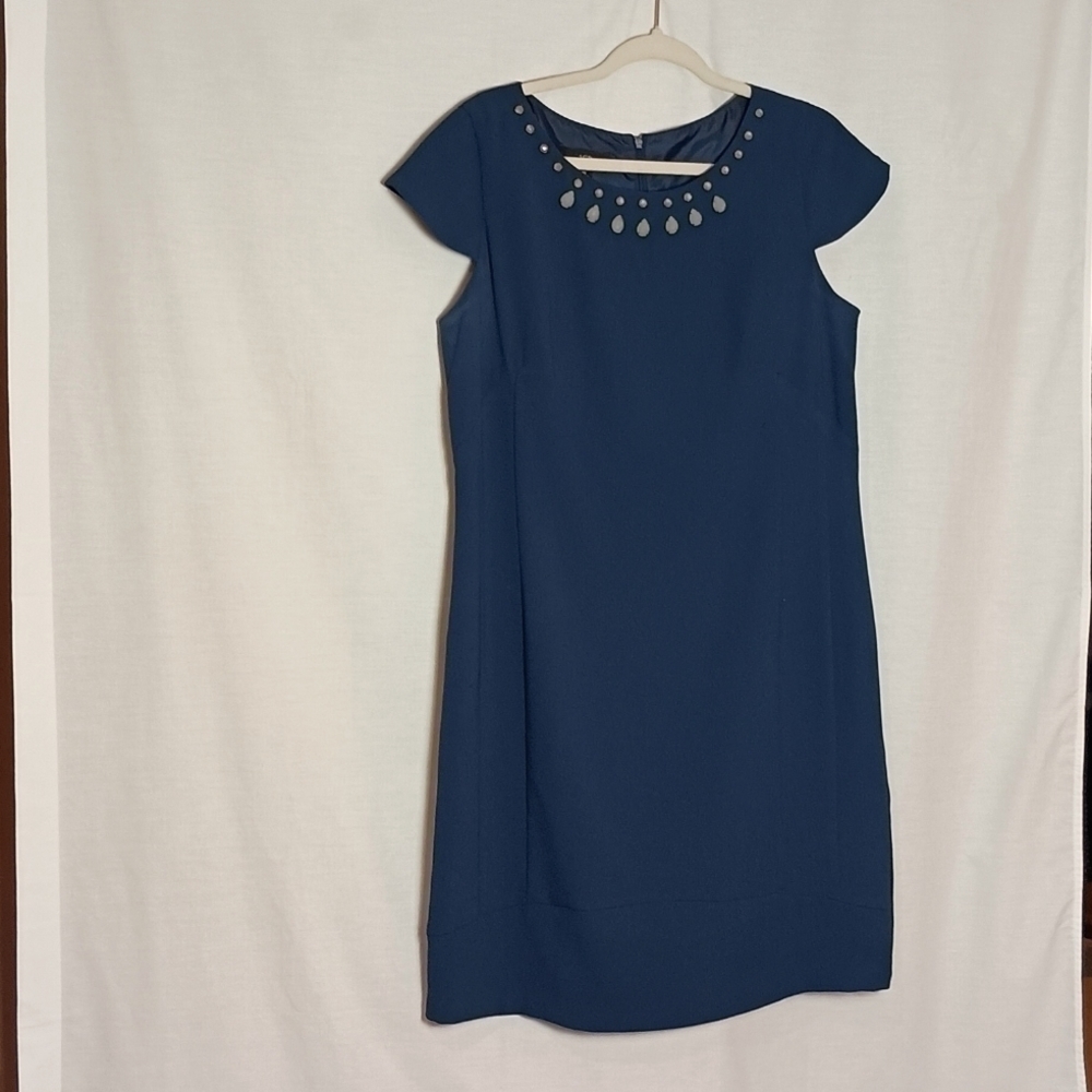 AGB Jewel Neckline Navy Blue Cap sleeve Sheath Dress